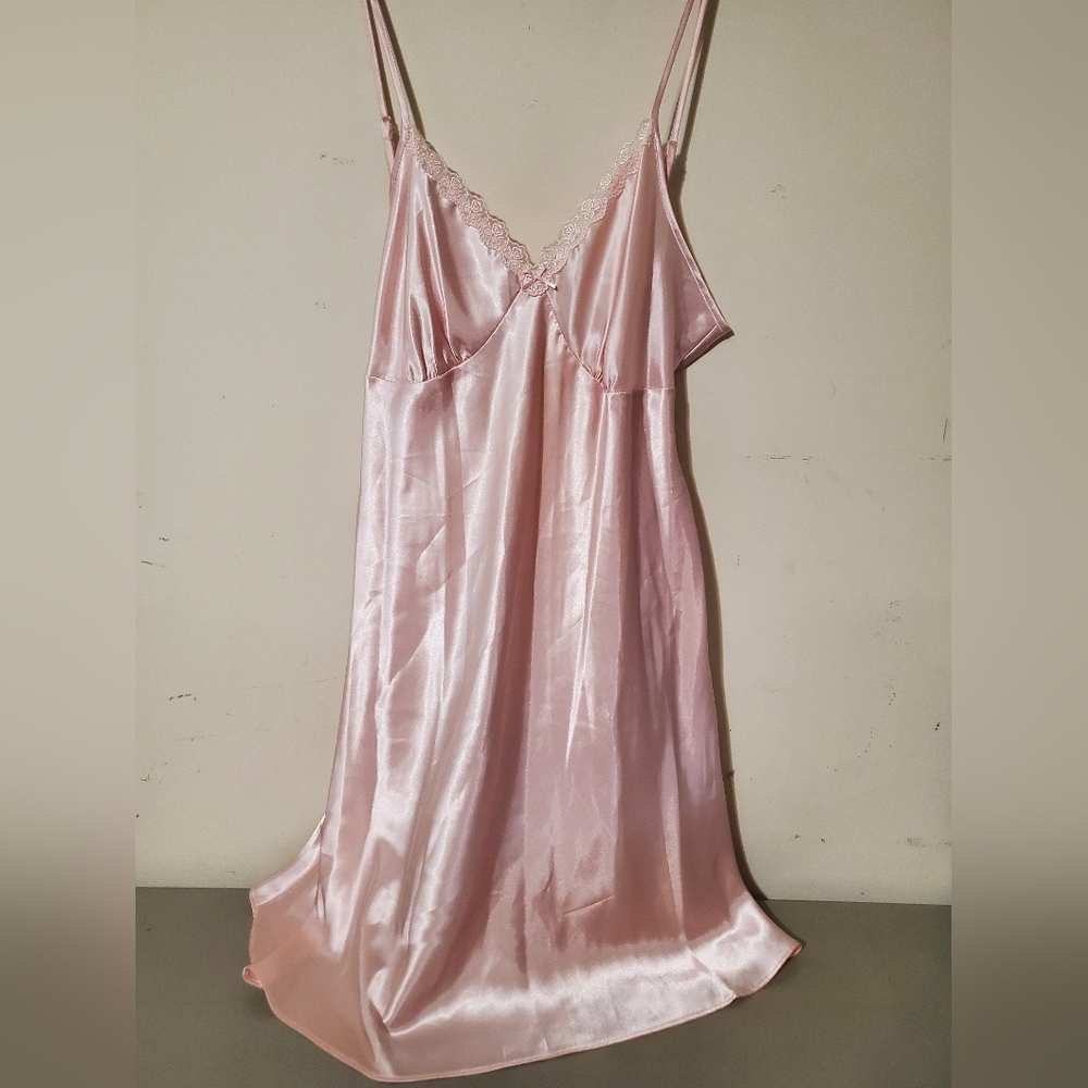 90s Y2k Adonna Baby Pink Satin Lace Trim Slip Dress Tie Back Babydoll Vampy Sz L